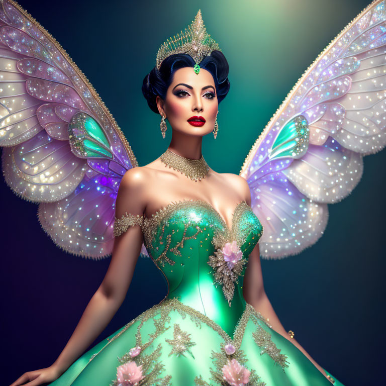 Woman with Butterfly Wings in Green Gown and Jewelry