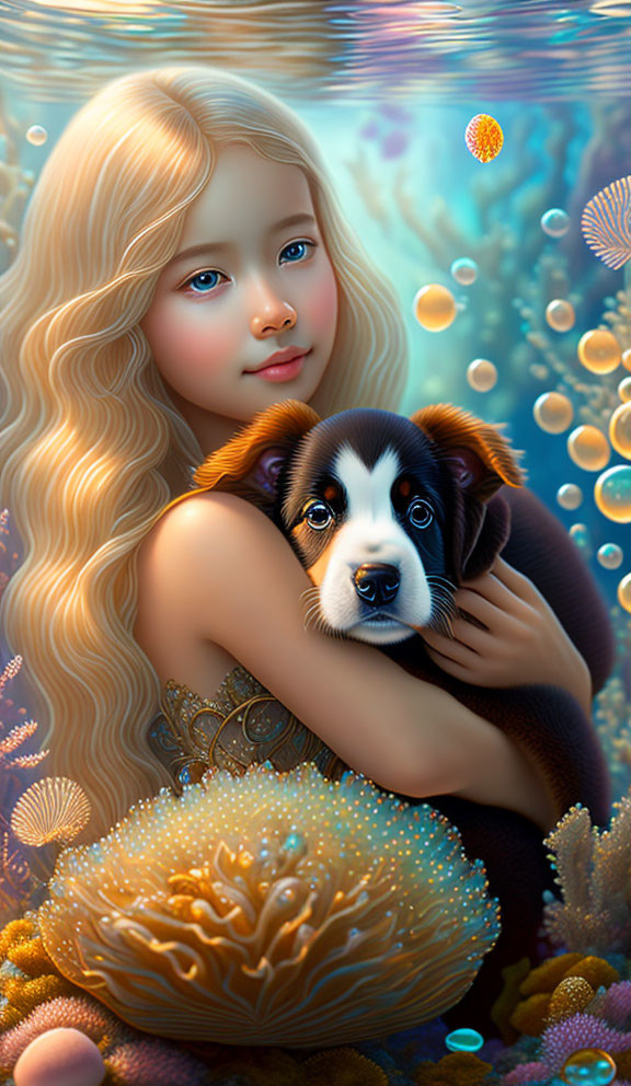 Blonde girl with puppy underwater surrounded by coral and bubbles