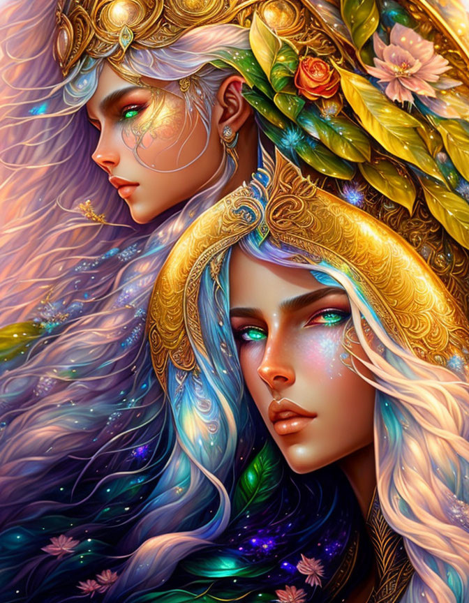 Ethereal beings with golden headdresses and colorful hair