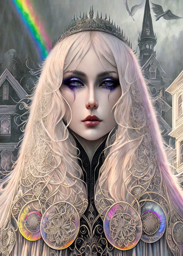 Fantasy portrait of a pale woman with white hair and violet eyes wearing a dark crown, set against