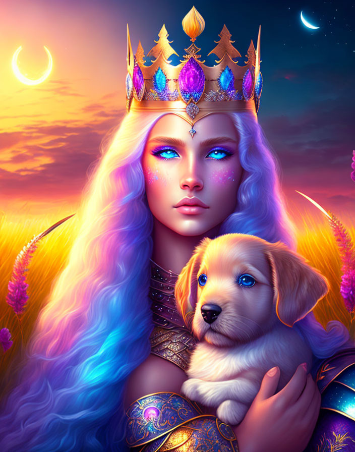 Fantasy queen with glowing blue eyes and multicolored hair holding a puppy in dusk sky.