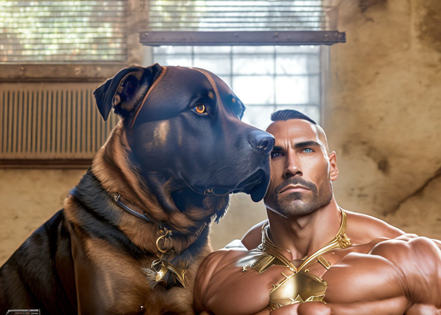 Digital artwork of muscular man and attentive dog with star-shaped tag gazing sideways