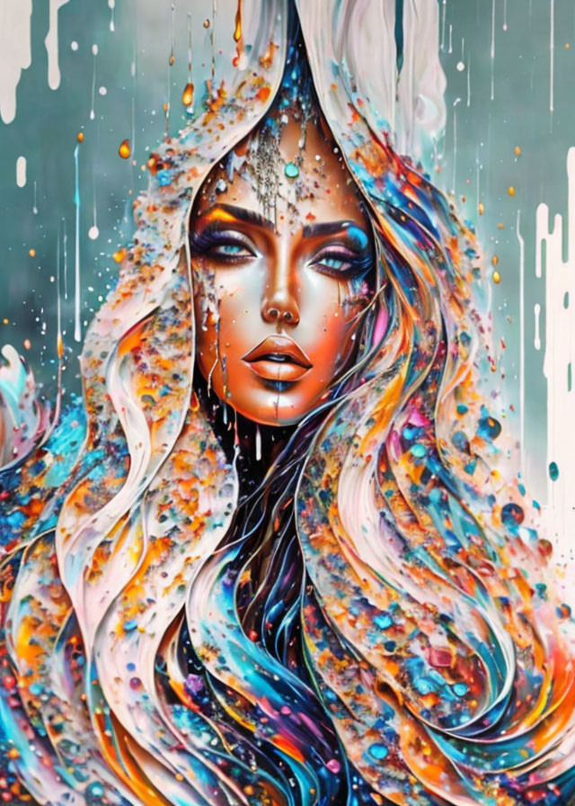 Colorful surreal portrait of woman with flowing multicolored hair and abstract paint drips