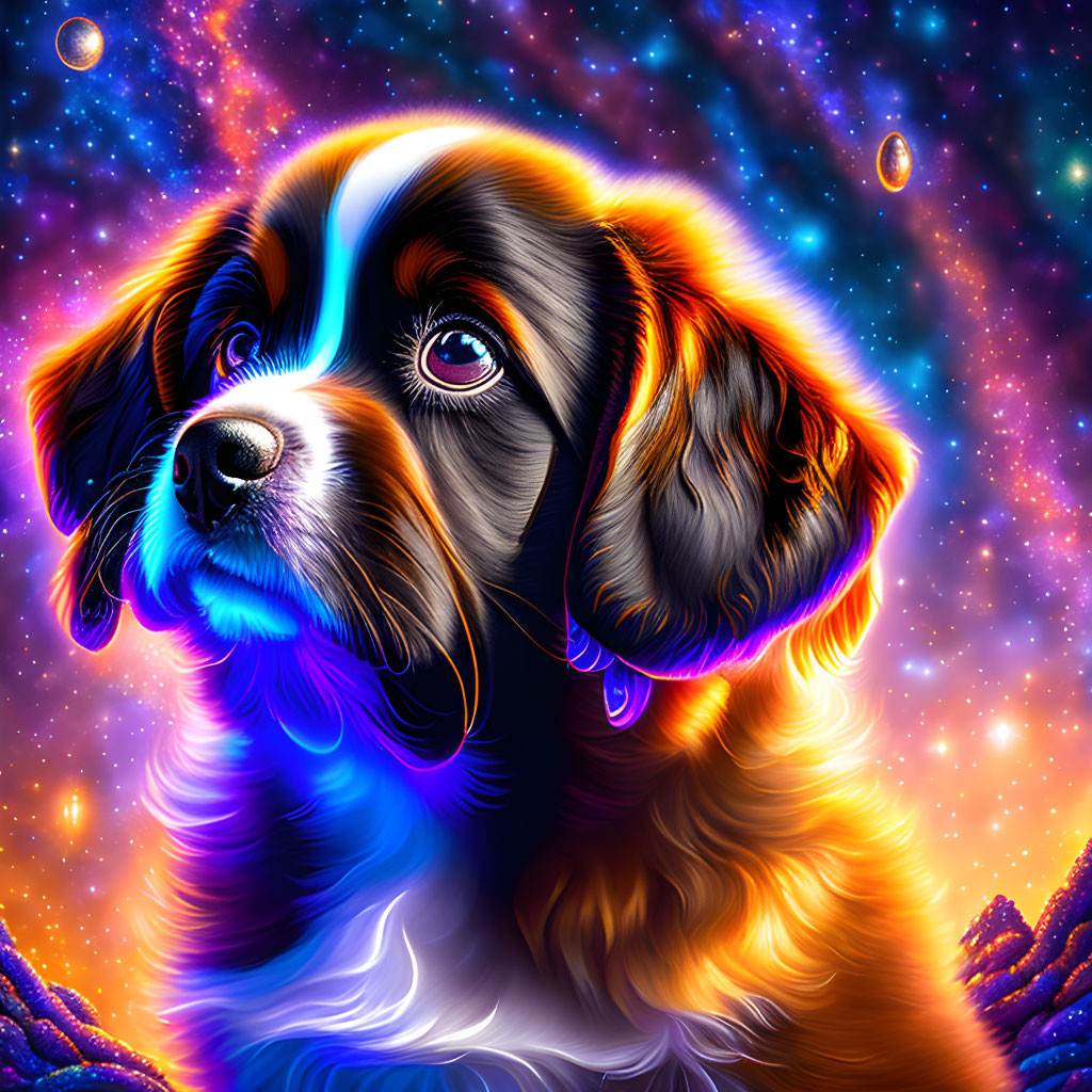 Colorful Digital Artwork: Dog with Luminous Eyes in Cosmic Setting