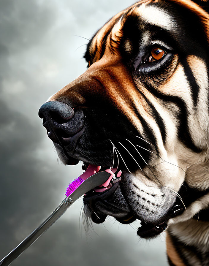 Surreal image: dog with tiger stripes holding purple toothbrush