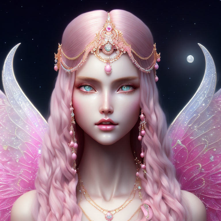 Portrait of female figure with pink hair, blue eyes, gold adornments, butterfly wings, against star