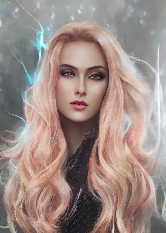 Portrait of Woman with Pink-Blonde Hair and Piercing Eyes surrounded by Ethereal Light