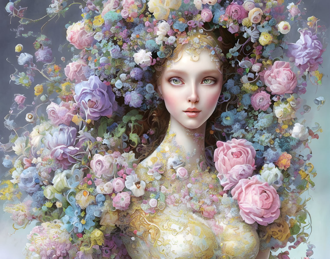 Ethereal woman portrait with pastel floral wreath and dress motifs