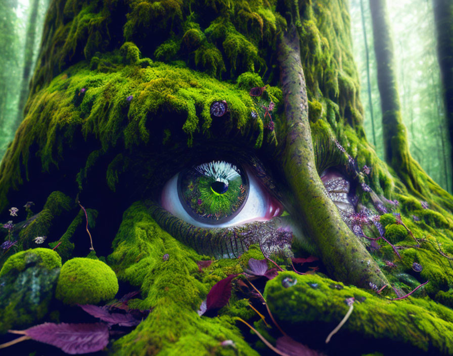 Mystical forest scene with large moss-covered tree trunk and realistic human eye