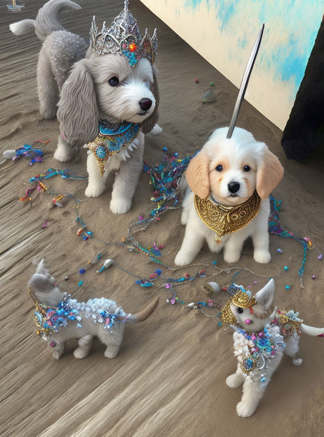 Adorable Dogs, Cat in Royal Costumes on Beach with Confetti