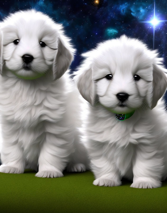 Fluffy White Puppies with Green Collar in Starry Night Sky