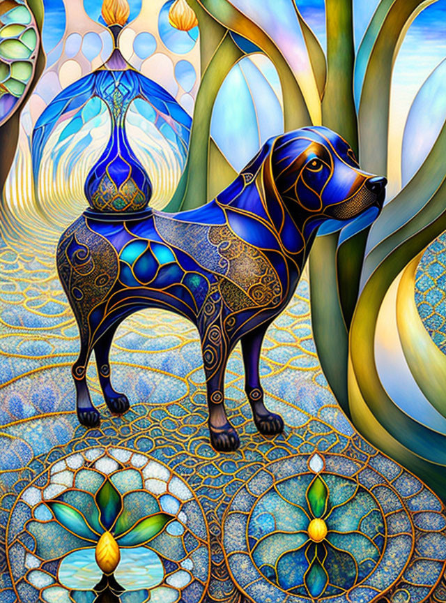 Stylized dog image with intricate patterns on vibrant background