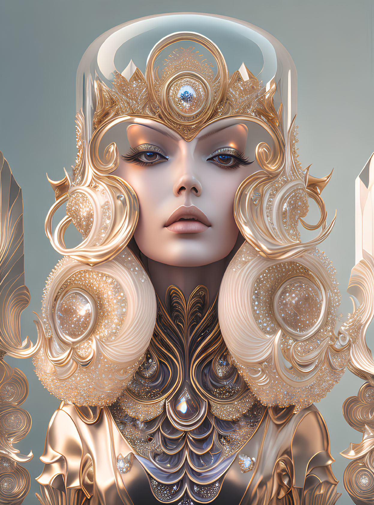 Digital artwork: Woman with gold headdress and armor, third eye, crystal-like background