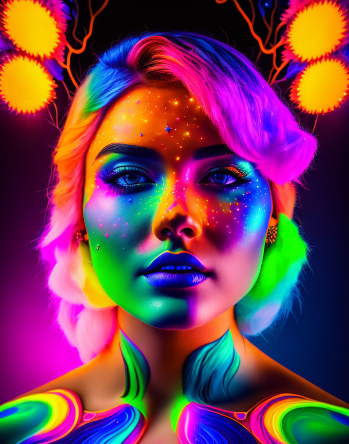 Neon makeup woman portrait with glowing colors under blacklight