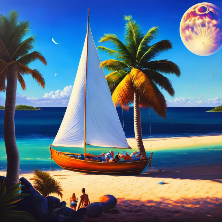 Tropical beach scene with sailboat, palm trees, people, and large moon