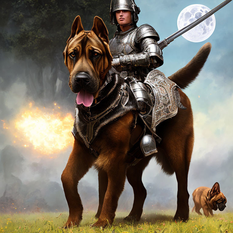 Knight riding giant armored dog with small dog in mystical setting