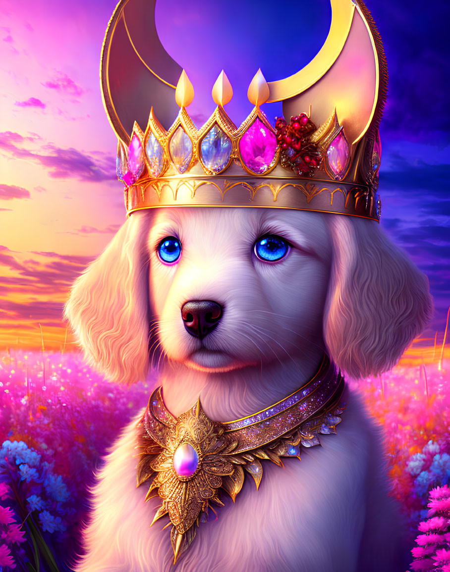 Golden Puppy Wearing Crown in Flower Field at Sunset