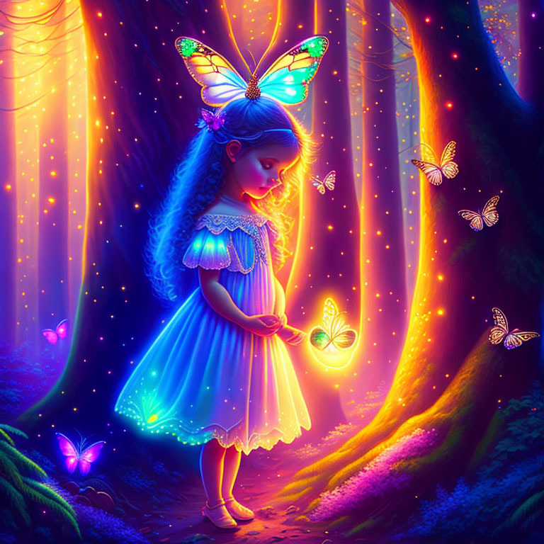 Young girl in glowing blue dress in enchanted forest with butterflies and light rays