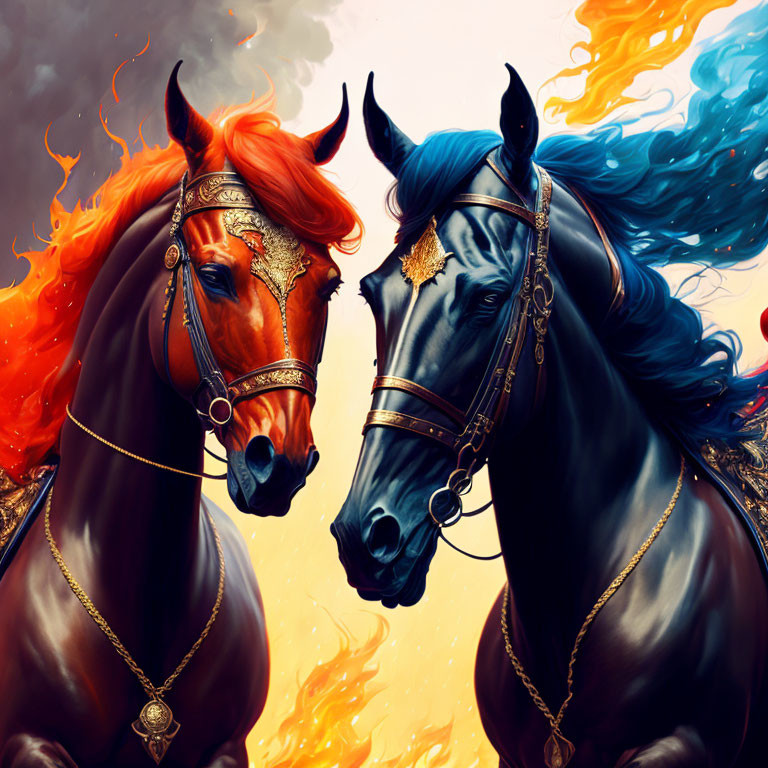 Two majestic horses with fiery orange and cool blue manes in ornate bridles