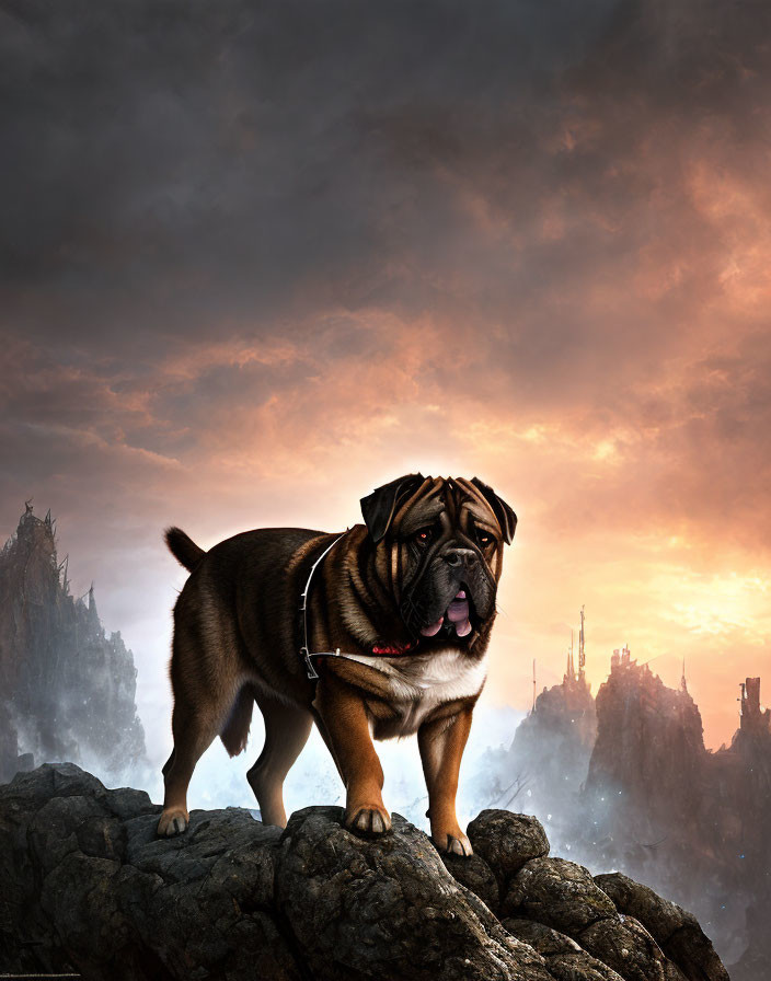 Bulldog on Rocky Terrain with Dramatic Sky and City Silhouette