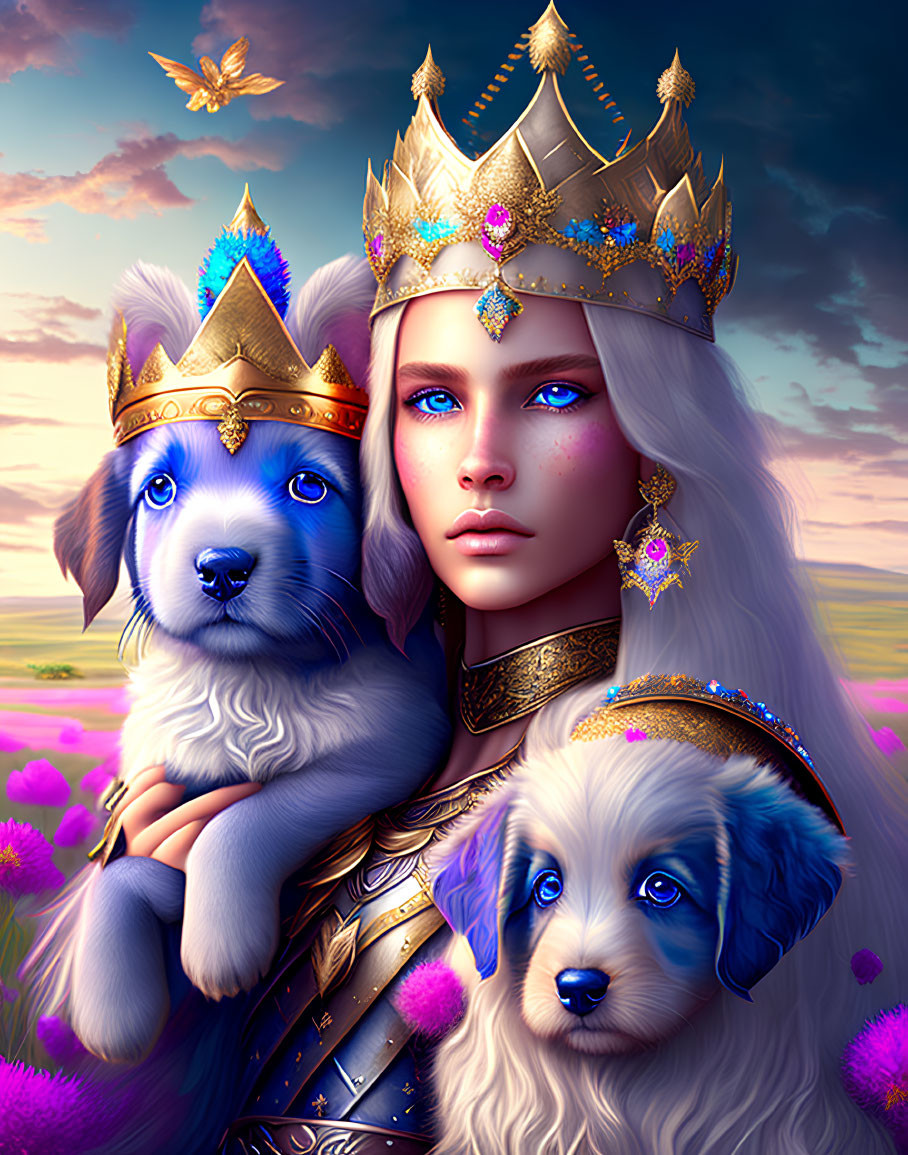 Regal woman with blue eyes and golden crown holding puppies in a field of purple flowers