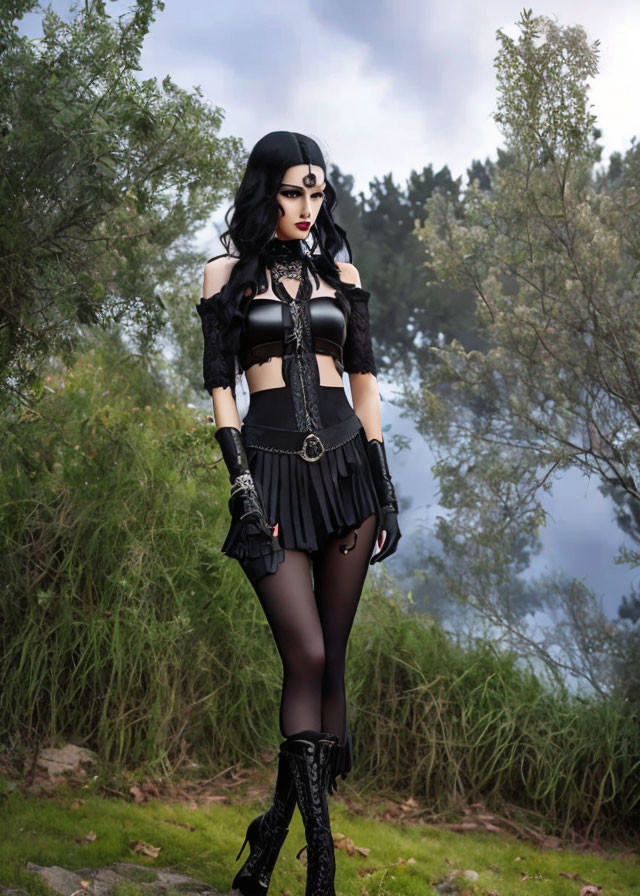 Woman in gothic attire with chains in forest setting