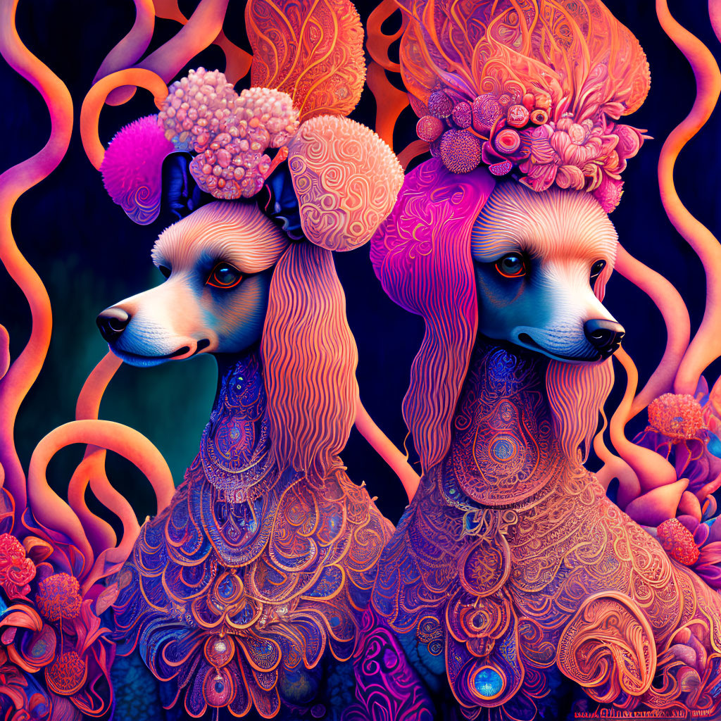 Colorful Abstract Art: Ornate Dogs with Floral Headdresses