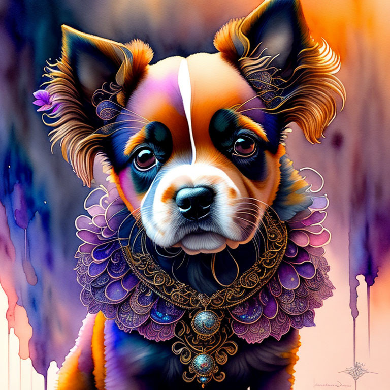 Vibrant dog portrait with expressive eyes and decorative collar