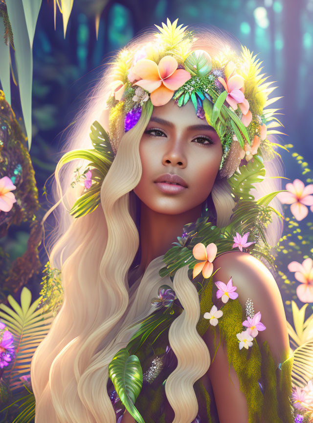 Woman with floral crown in serene forest setting surrounded by lush foliage