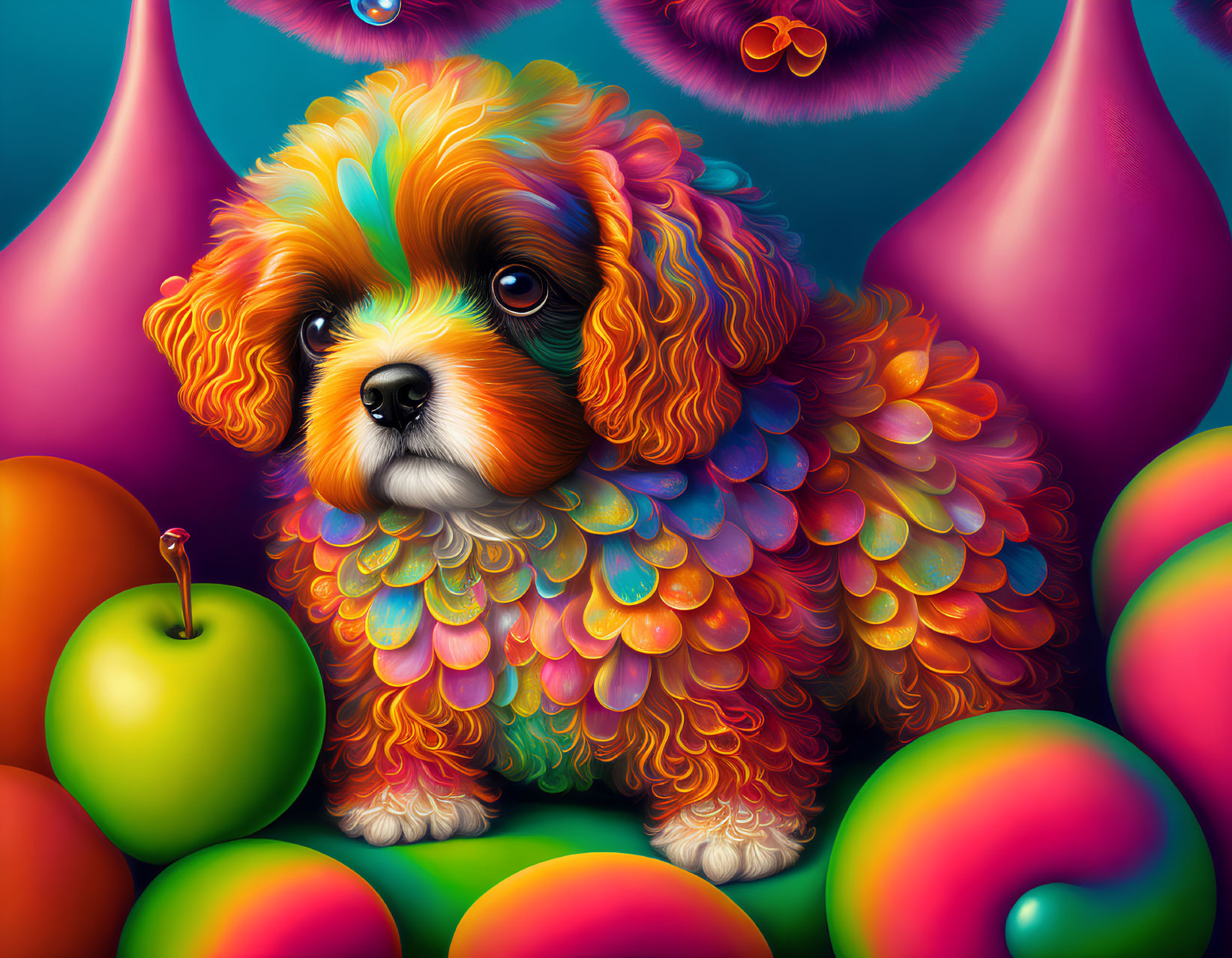 Whimsical dog illustration with rainbow fur, apples, and balloons on blue background