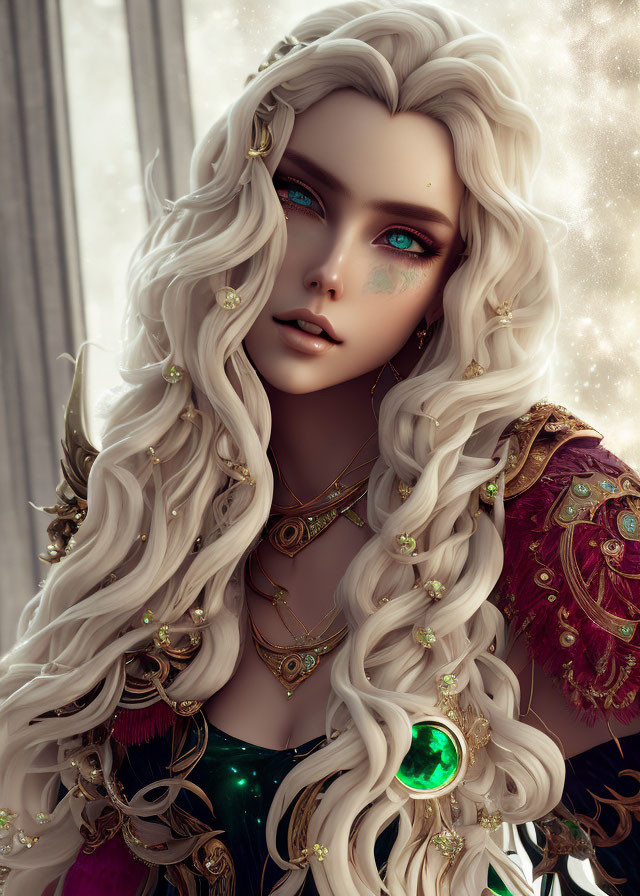 Fantasy character with white curls, green eyes, gold jewelry, red and green outfit