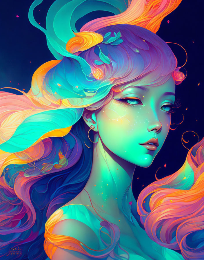 Colorful digital artwork of a woman with multicolored hair in cosmic setting