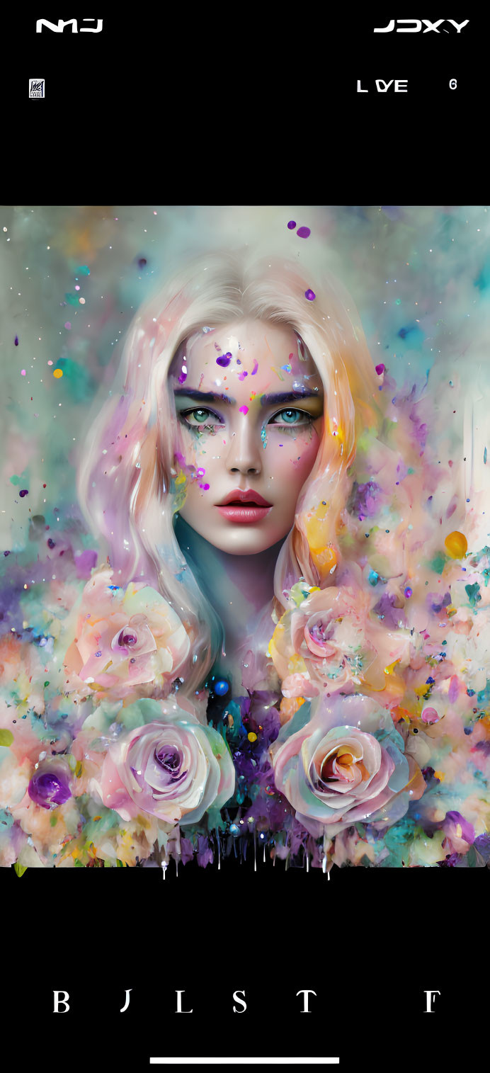 Digital Artwork: Pale Woman with Blonde Hair in Colorful Paint Splatter and Roses Scene