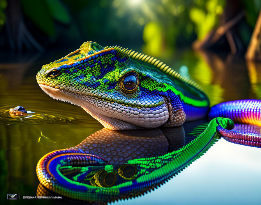 Colorful Lizard Reflected in Water on Green Leafy Background