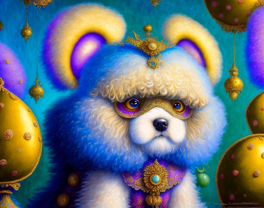 Regal fluffy dog with blue fur, golden crown, and jewelry in colorful illustration