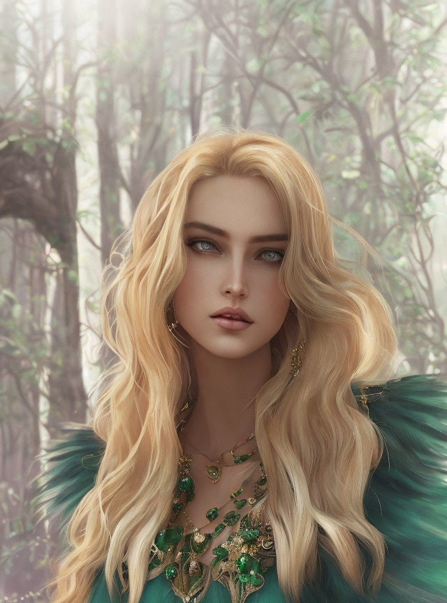 Blonde Woman Portrait in Green Feathered Outfit