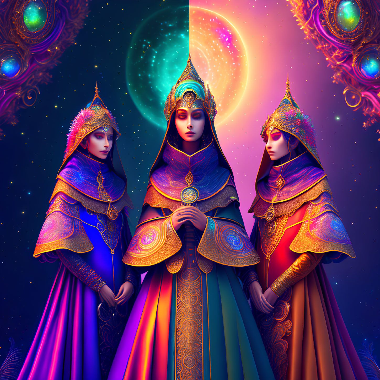 Three colorful figures in elaborate costumes under a cosmic sky