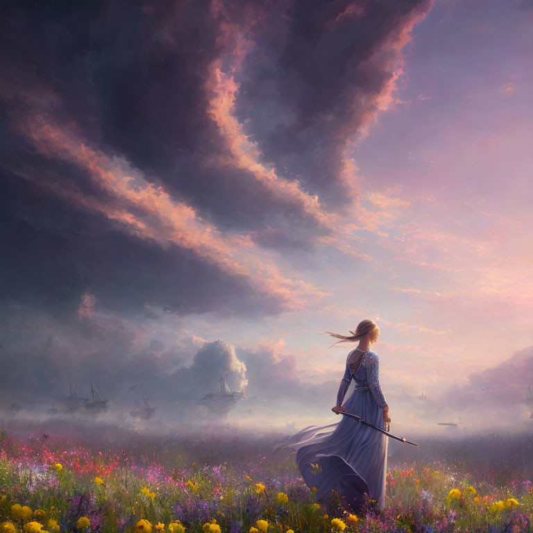 Medieval woman in blooming field at dusk with dramatic sky and distant ships.