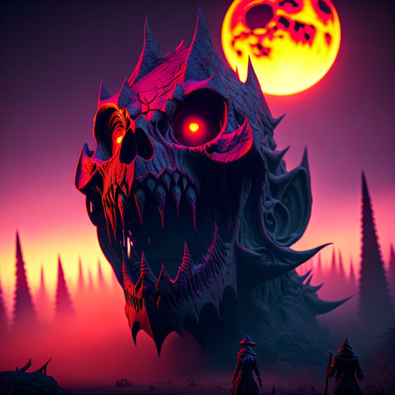 Monstrous skull with glowing red eyes in misty alien landscape