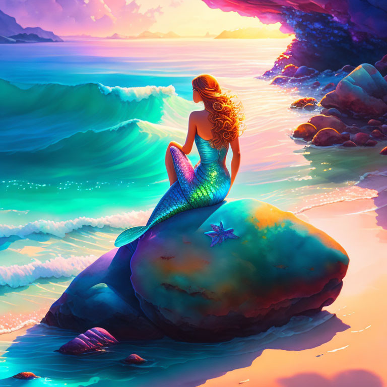 Mermaid on rock with shimmering tail at sunset