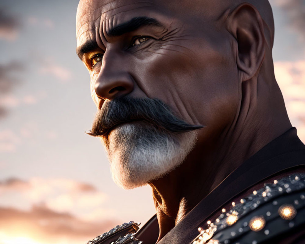 Digital artwork of stern man in military uniform at dusk