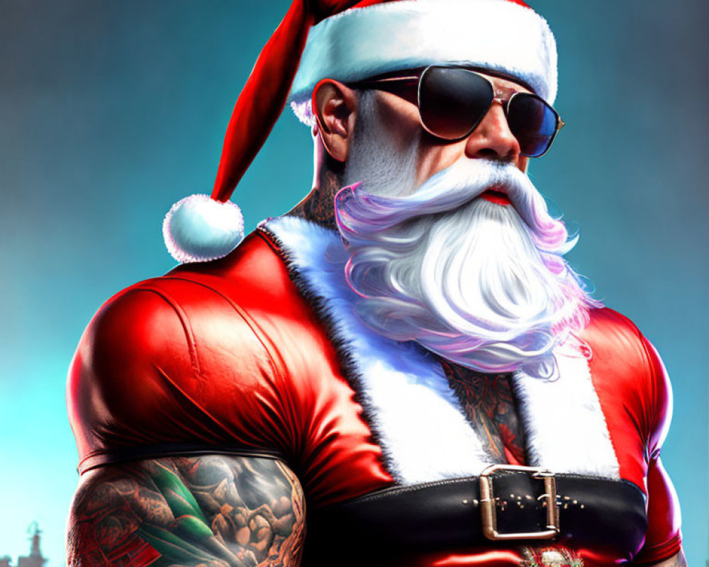 Muscular Santa Claus with tattoos and sunglasses on blue background