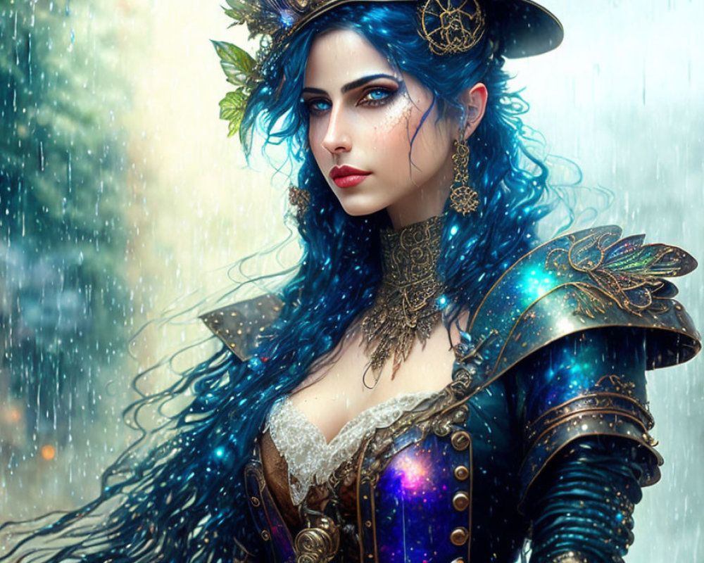 Fantasy portrait of a woman with blue hair in ornate armor amid falling rain