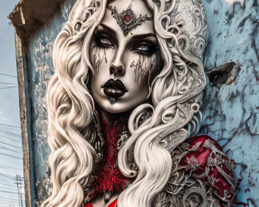 Detailed artistic portrayal of a woman with ornate makeup and jewelry in front of a dilapidated building