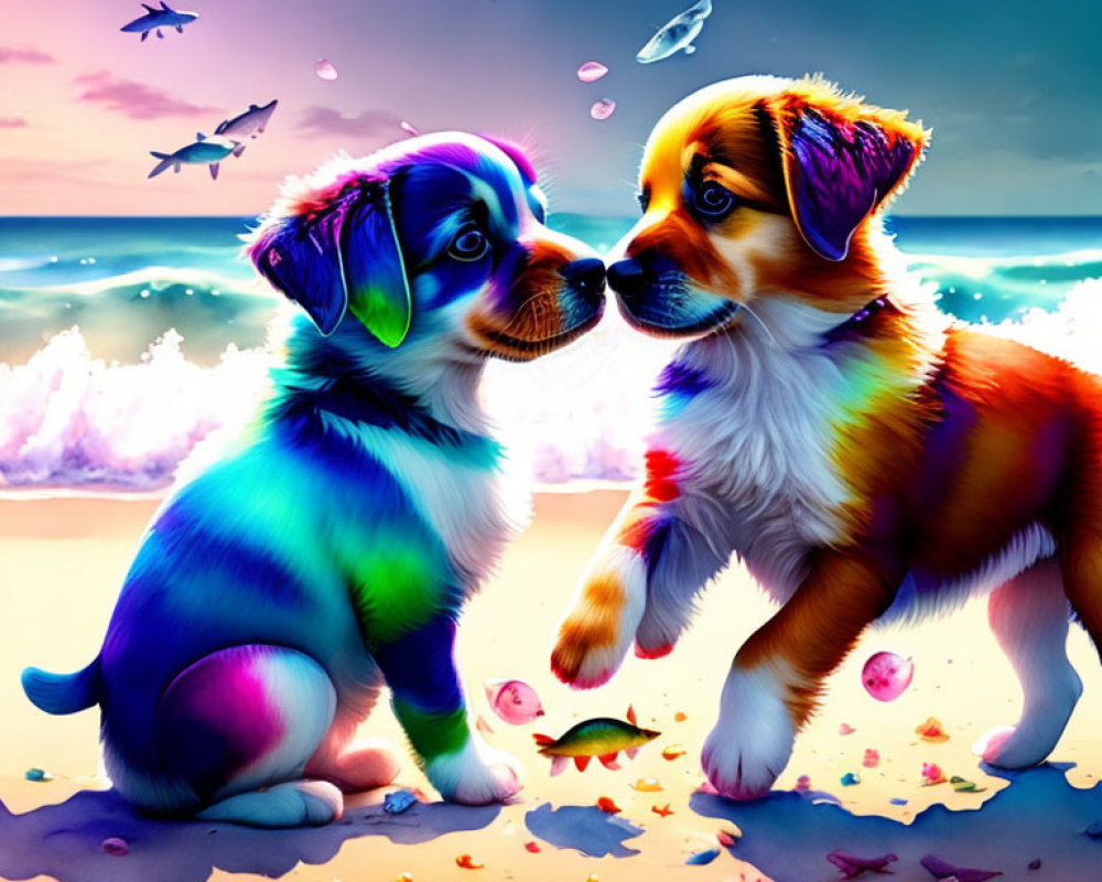 Two Colorful Puppies Touching Noses on Sunset Beach