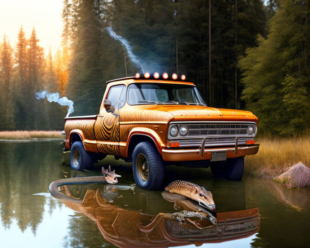 Vintage Orange Pickup Truck by Forest Lake with Alligator Reflection