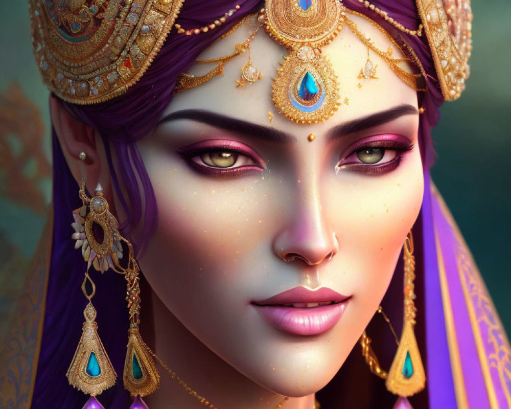 Digital artwork featuring woman with purple skin and gold/turquoise jewelry