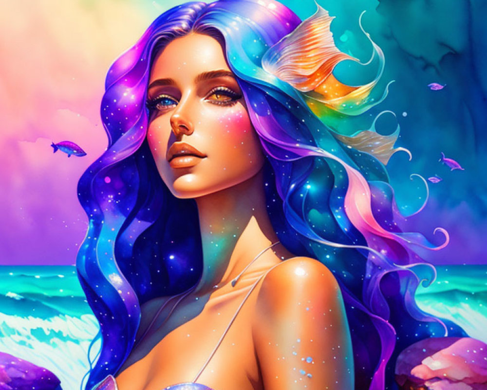 Colorful Mermaid Illustration in Tropical Ocean Scene