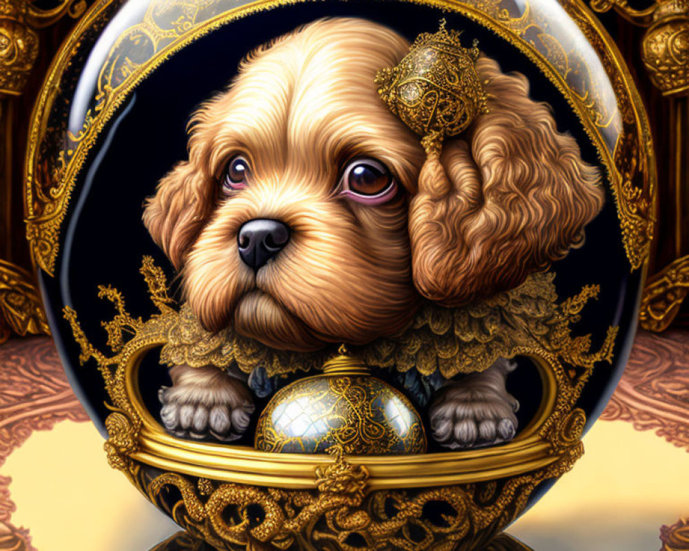 Brown puppy in ornate golden frame with big eyes holding orb