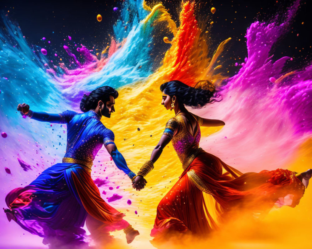 Traditional Indian attire dancers surrounded by vibrant colored powder